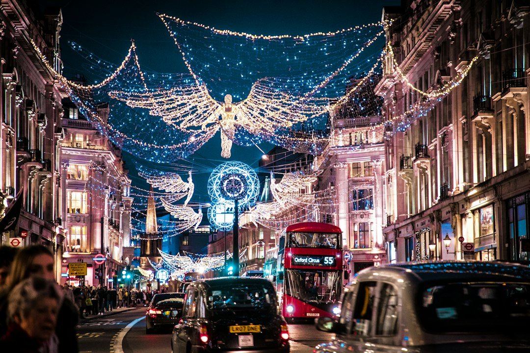 Christmas lights along a street in the United Kingdom